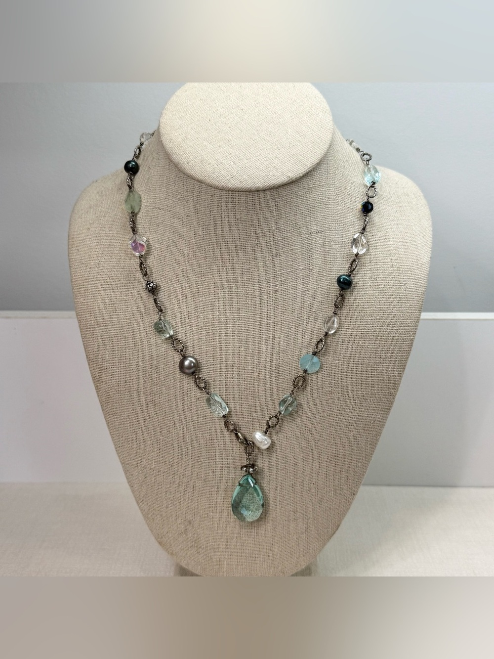 Sterling silver, glass, quartz, genuine pearl front clasp necklace